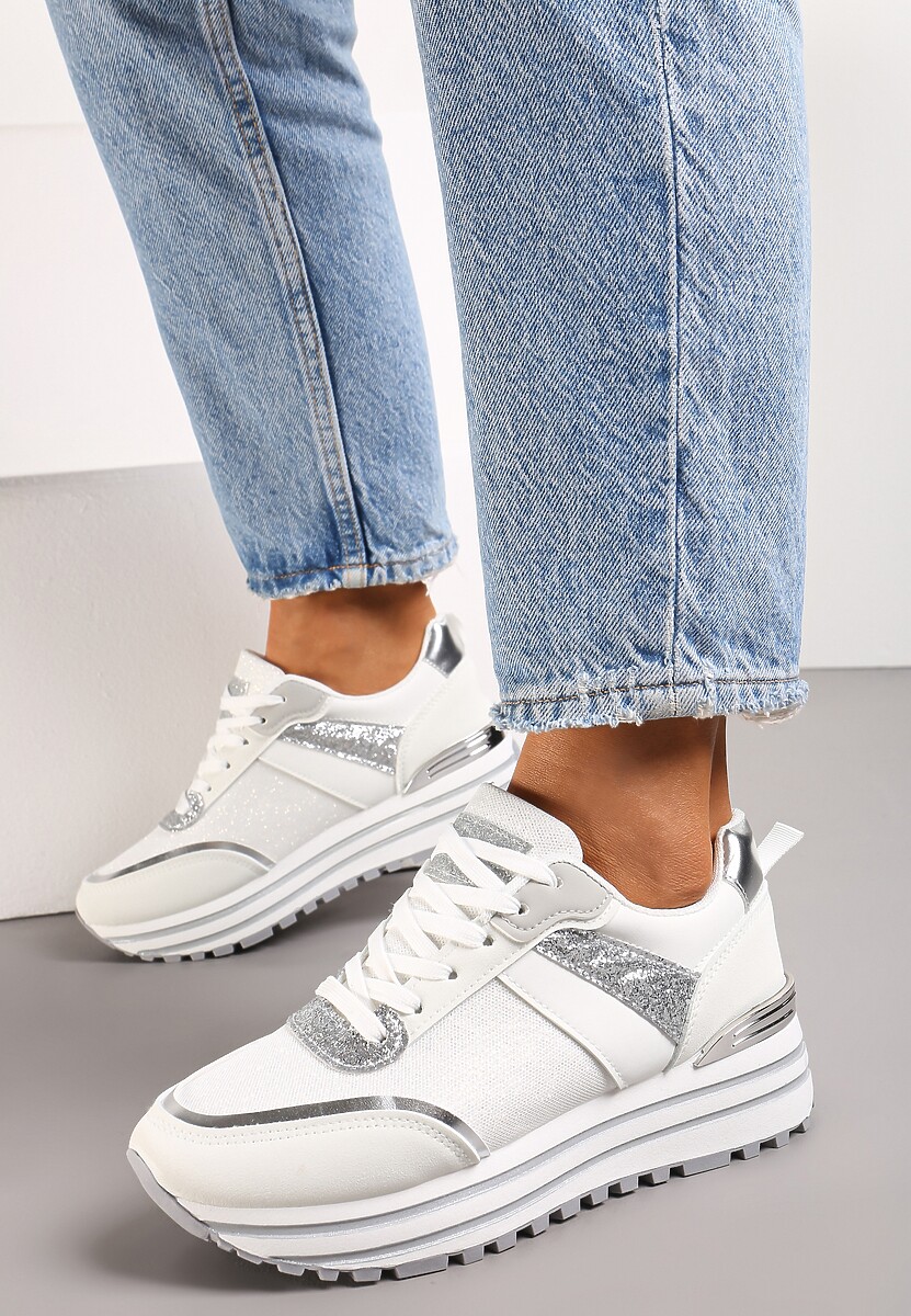 Czarne Sneakersy z Brokatem na Ozdobnej Grubej Podeszwie Rilveia