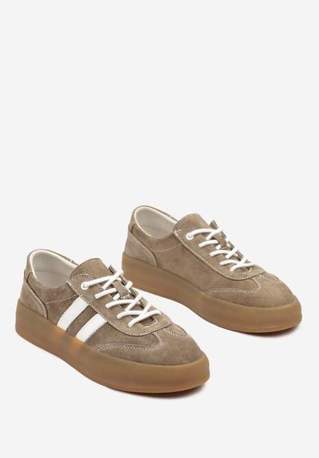 Ciemnobeżowe Sneakersy Klasyczne Tenisówki ze Skóry Naturalnej Alotia