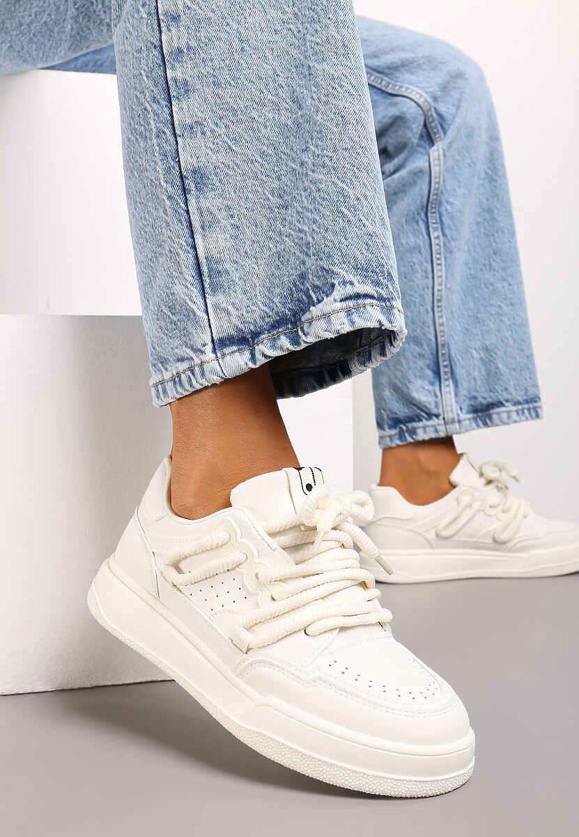 Beżowe Sneakersy Ozdobione Naszywką z Pandą i Szerokimi Sznurówkami Wannia