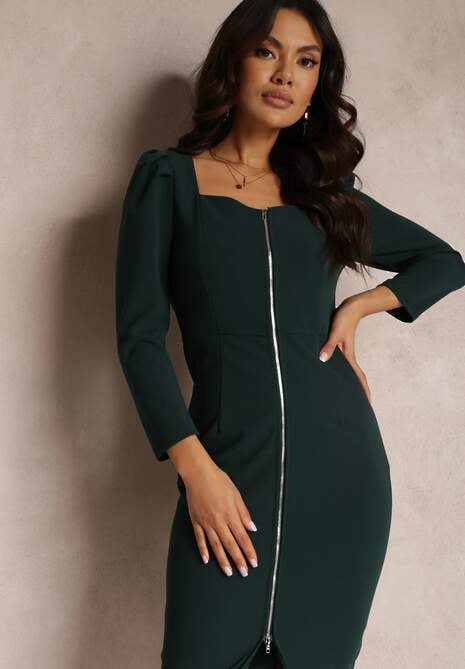 Zielona Sukienka z Kwadratowym Dekoltem i Suwakiem z Przodu Ninime
