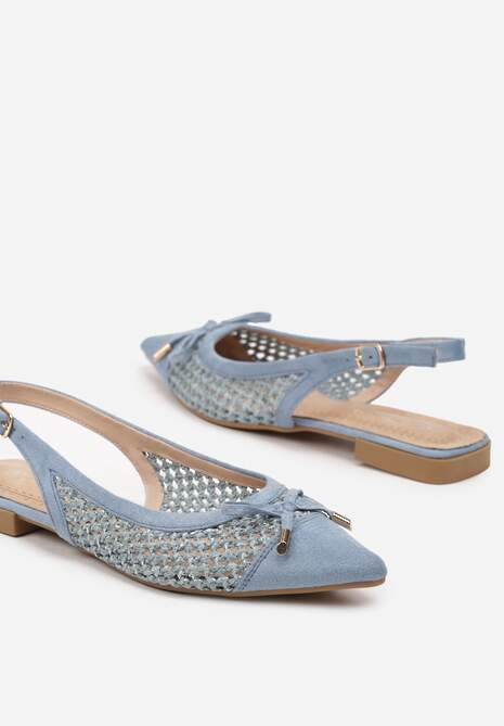 Niebieskie Sandały Balerinki z Plecionki ze Szpiczastym Noskiem i Kokardką Leawenne
