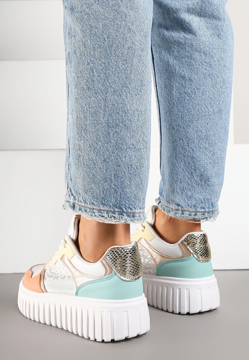 Biało-Pomarańczowe Sneakersy na Platformie z Tłoczeniem Ozdobione Panterką i Perforacją Udivaya