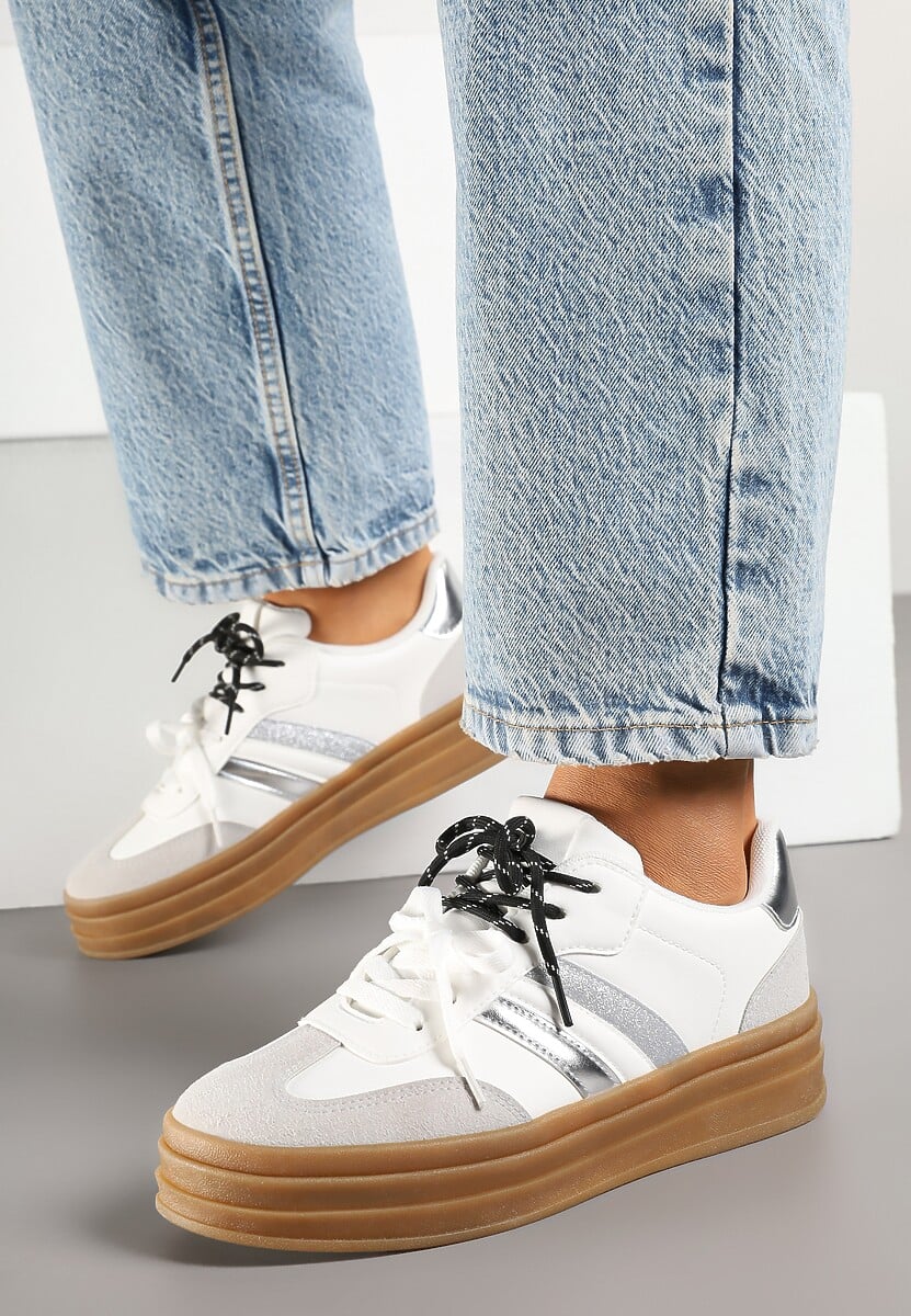 Białe Sneakersy w Stylu Tenisówek Ozdobione Brokatem Teladriena