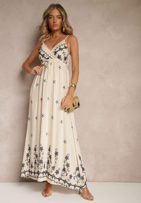 Jasnobeżowa Wiskozowa Sukienka z Kopertowym Dekoltem i Haftami Sarondra