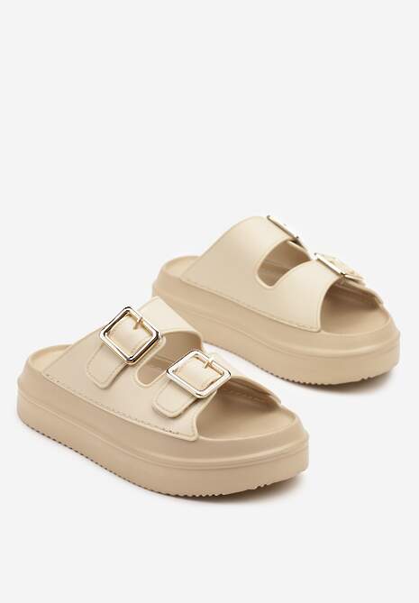 Beżowe Klapki na Platformie z Pianki Ozdobione Klamrami Riminna