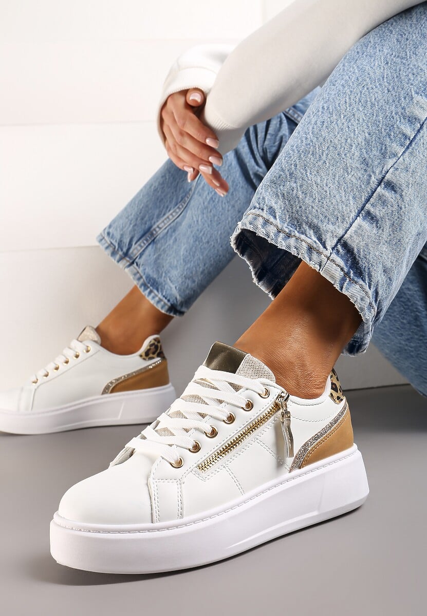 Biało-Złote Sneakersy z Ozdobnym Suwakiem i Platformą Iolanna