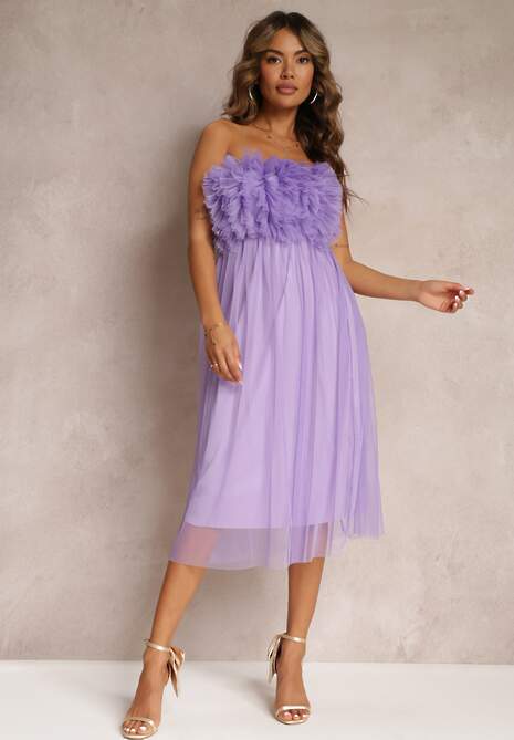 Fioletowa Tiulowa Sukienka bez Ramiączek z Falbankami Tremone