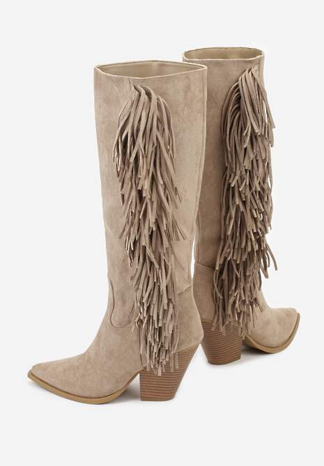 Ciemnobeżowe Kozaki Kowbojki z Imitacji Zamszu z Frędzlami i Stożkowym Obcasem Rafilea