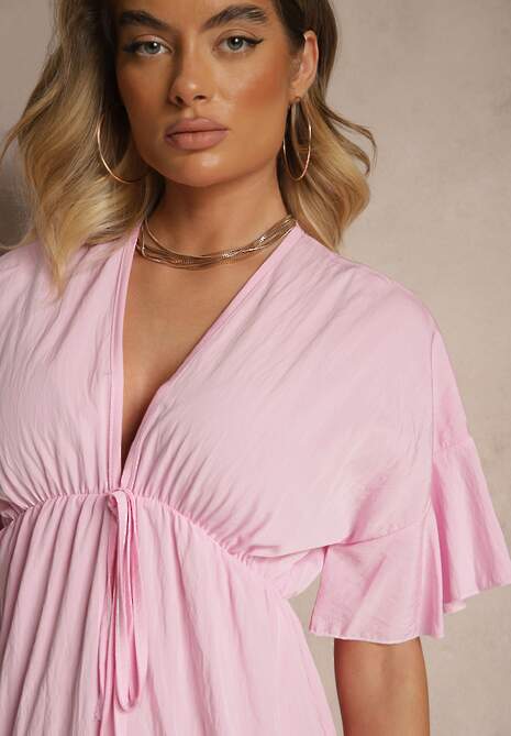 Różowa Rozkloszowana Sukienka z Wiskozą z Rękawami Typu Nietoperz i Falbanką Nellimi