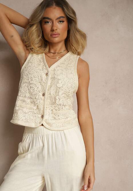 Beżowa Rozpinana Kamizelka z Bawełny Ozdobiona Haftem Tulriz