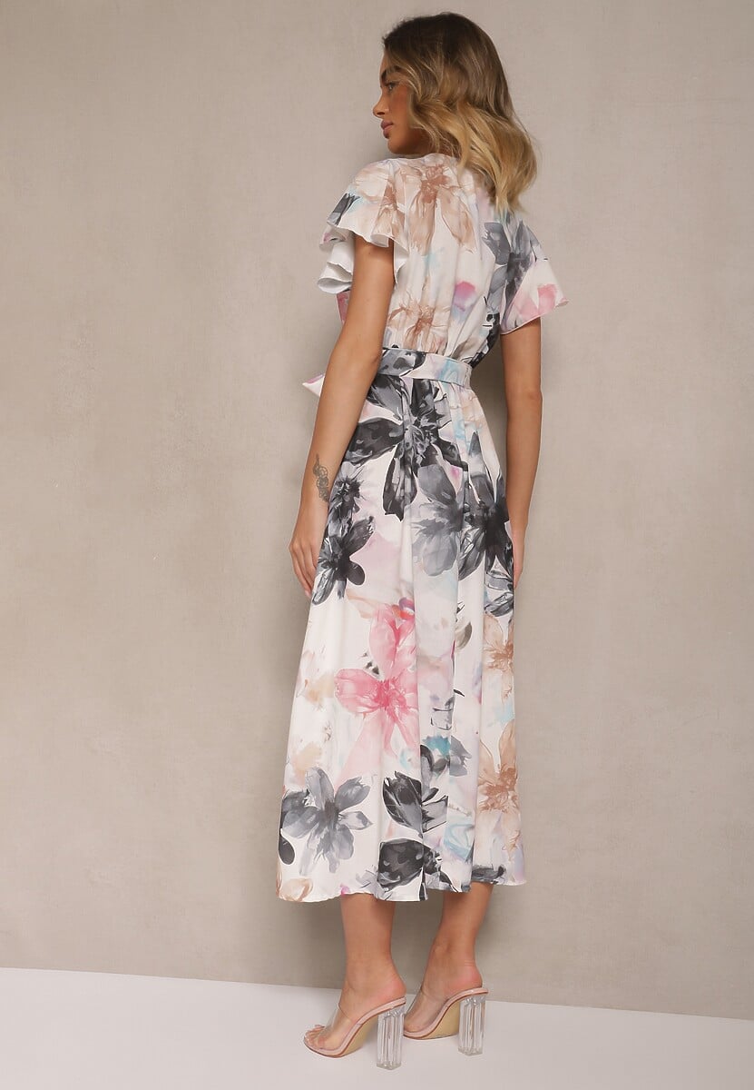 Biało-Czarna Kopertowa Sukienka z Wiązanym Paskiem w Kwiatowy Wzór Redellira