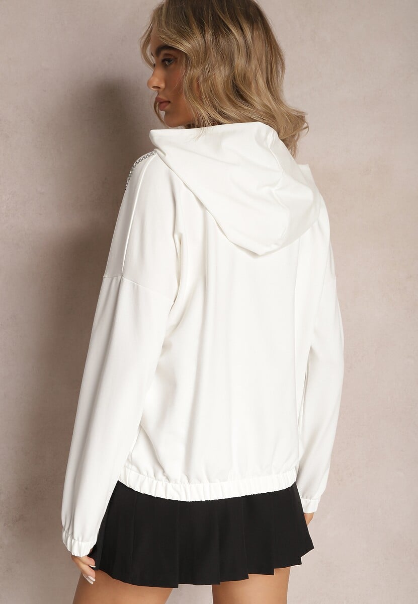 Biała Asymetryczna Bluza z Bawełny z Kapturem i Ozdobnym Suwakiem Lueur