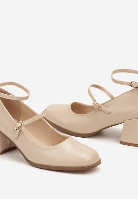 Beżowe Czółenka w Stylu Mary Jane na Obcasie Erimara