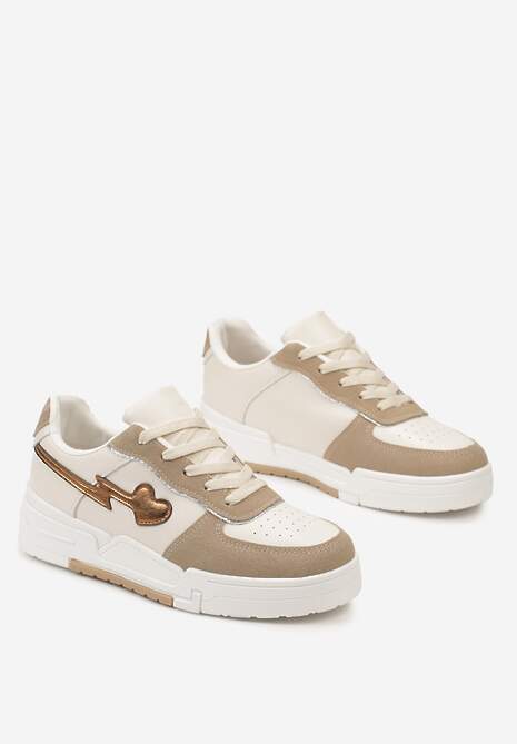 Ciemnobeżowe Sznurowane Sneakersy na Grubej Podeszwie z Brokatowym Zdobieniem Anaieli