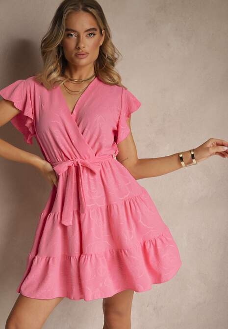 Fuksjowa Rozkloszowana Sukienka z Paskiem i Falbanami Lilarea