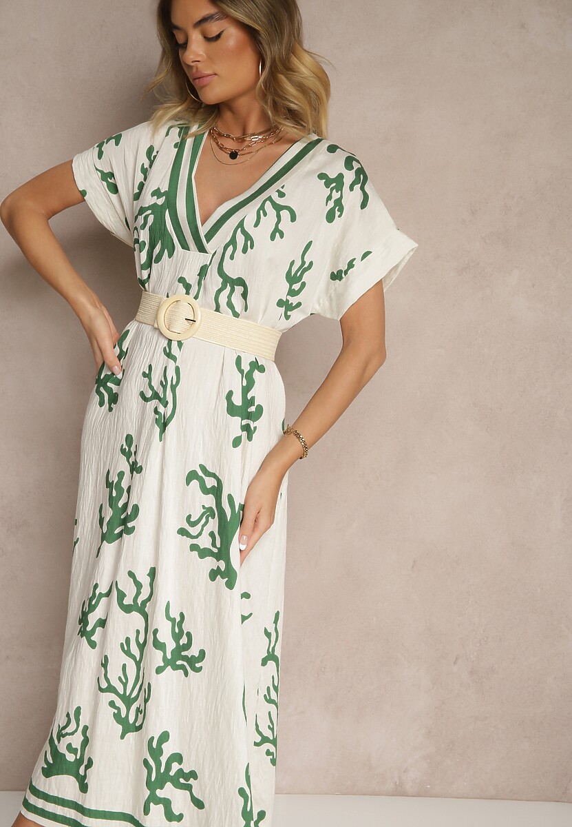 Zielono-Beżowa Pudełkowa Sukienka z Wiskozą i Lnem Sadeone