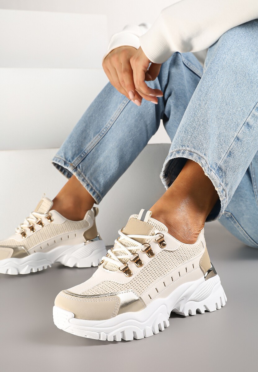 Beżowo-Zielone Sneakersy w Steetwearowym Stylu na Tłoczonej Platformie Ozdobione Wzorem w Panterkę Gonavielle