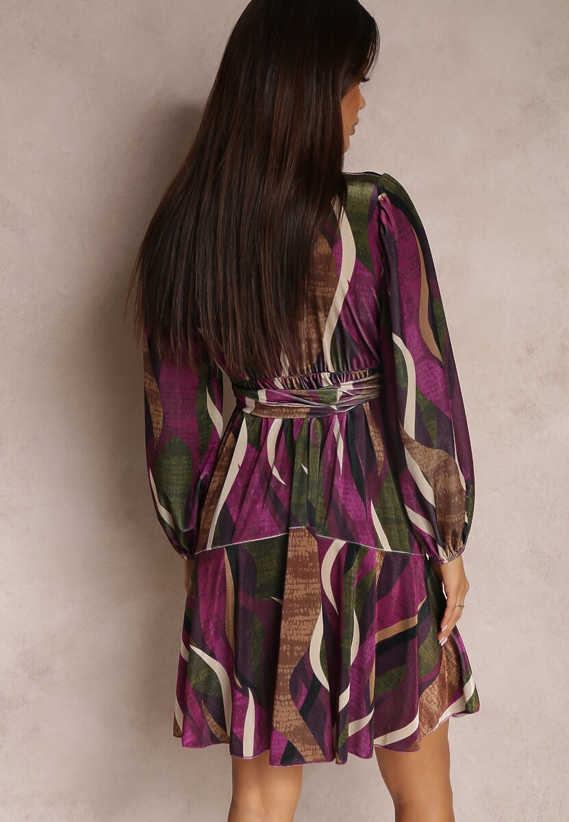 Fioletowa Welurowa Sukienka z Kopertowym Dekoltem i Wiązanym Paskiem Rarle