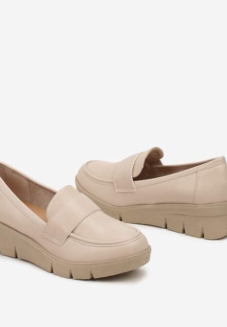 Beżowe Półbuty Mokasyny na Koturnie z Wkładką ze Skóry Naturalnej Ozdobione Paskiem Zorvia