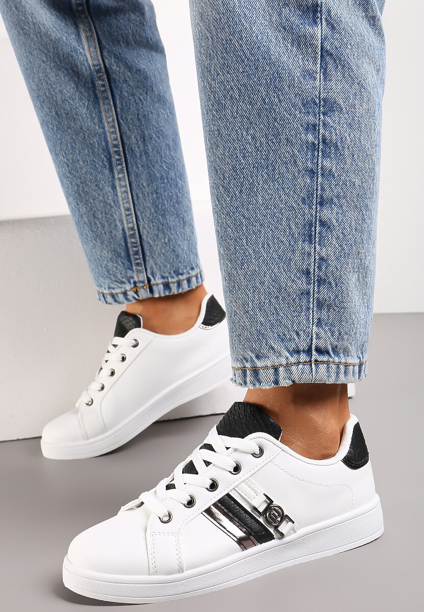Biało-Czarne Sneakersy z Ozdobną Klamrą i Cholewką przed Kostkę Teralis