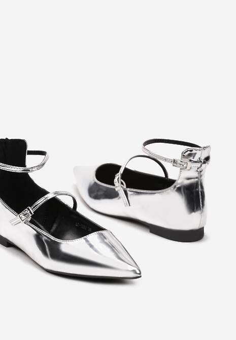 Srebrne Lakierowane Balerinki z Dwoma Paseczkami i Noskiem w Szpic Starsha