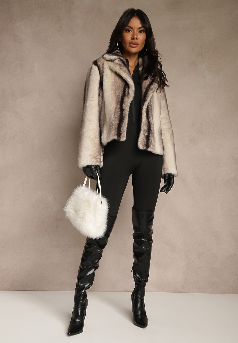 Beżowa Krótka Kurtka Futerko o Jednorzędowym Kroju Lanella