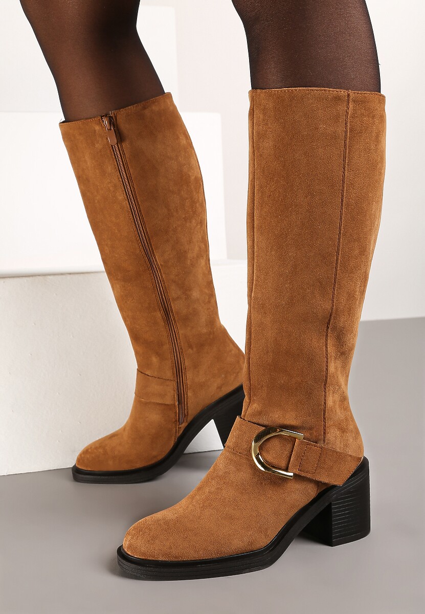 Brązowe Kozaki Vices na Słupku z Ozdobną Klamrą i Ociepleniem Moriti