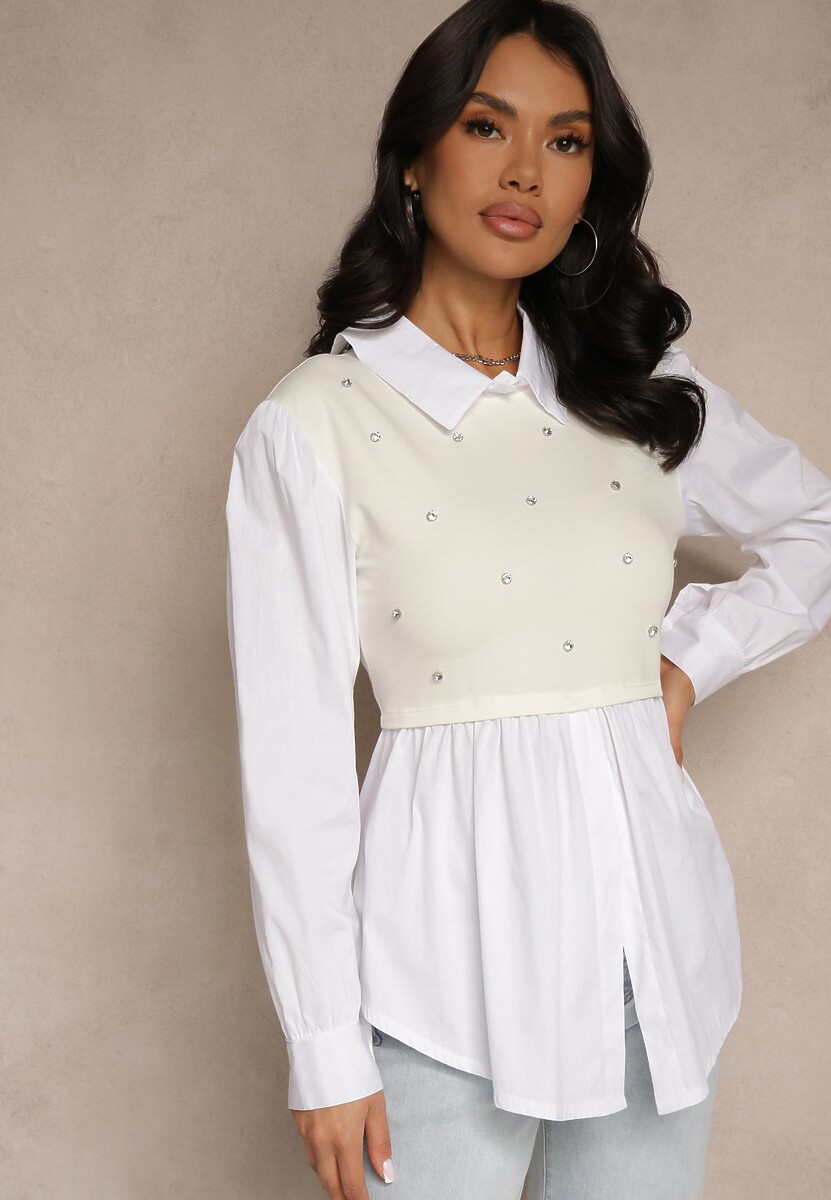 Jasnobeżowa Koszulowa Bluzka z Wiskozą o Rozkloszowanym Kroju z Wszytą Kamizelką Uliadorella
