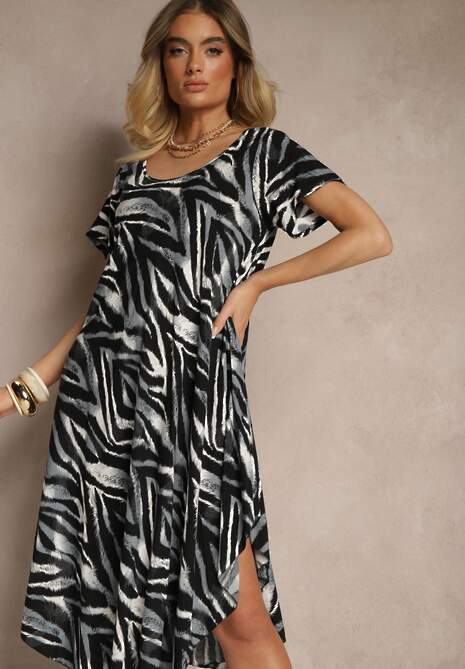 Czarna Rozkloszowana Sukienka z Bawełny  z Dłuższym Tyłem Ronellea