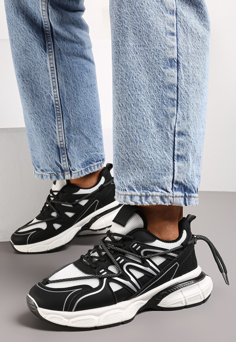 Czarne Sneakersy z Ozdobnym Sznurkiem i Wstawkami Nivolea