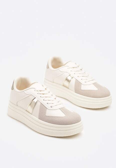 Beżowo-Złote Sneakersy na Platformie Ozdobione Paskami ze Sznurowaniem Bormi