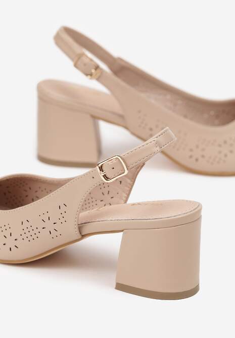 Ciemnobeżowe Sandały Vices na Słupku Slingback z Ażurową Cholewką i Skórzaną Wkładką Tiranis