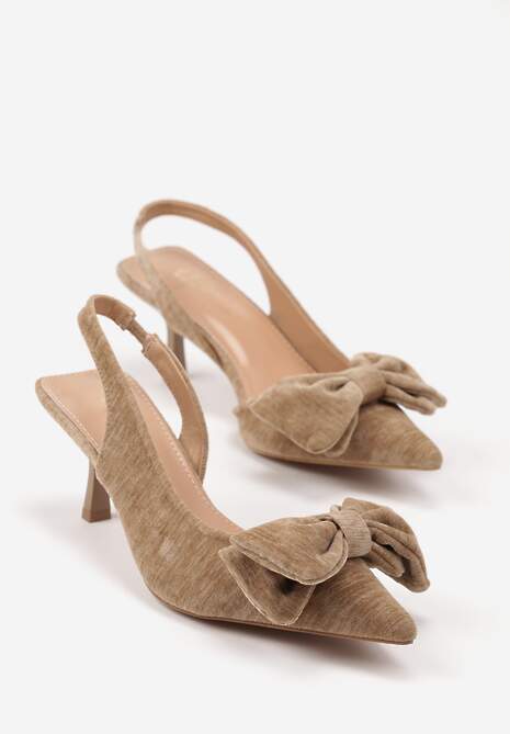 Ciemnobeżowe Sandały na Szpilce Slingback z Kokardą Sunaiel