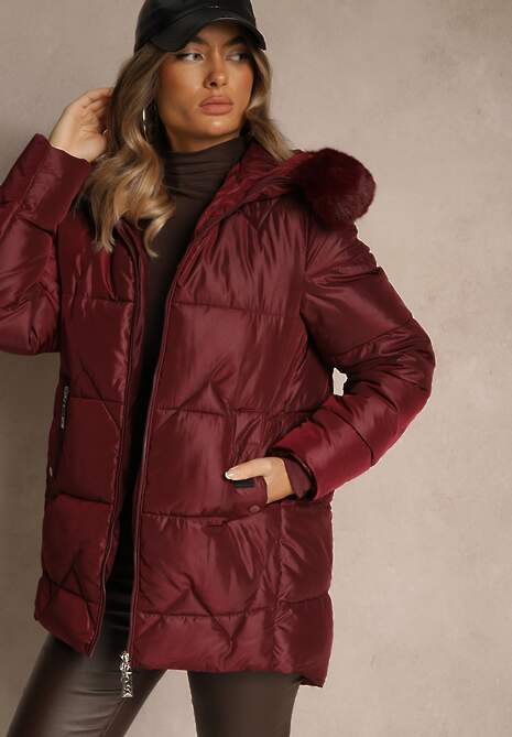 Bordowa Pudełkowa Kurtka z Pikowanymi Przeszyciami i Kapturem z Futerkiem Vebina