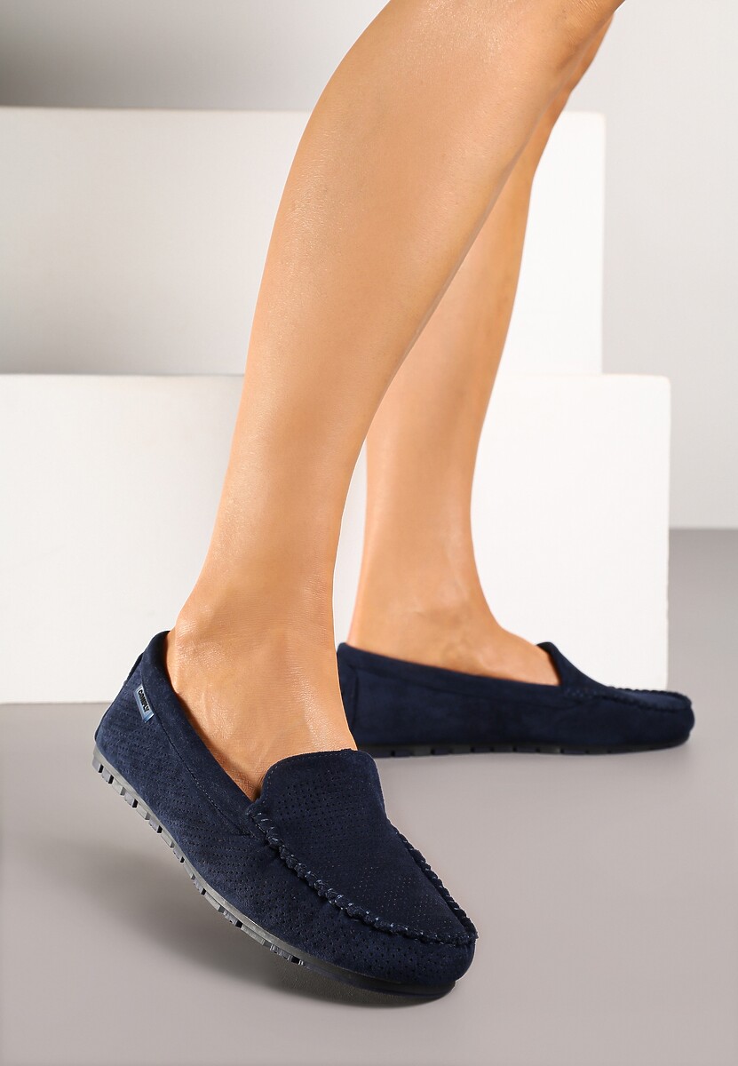 Granatowe Klasyczne Mokasyny z Przeszyciem Wokół Noska Semaneve
