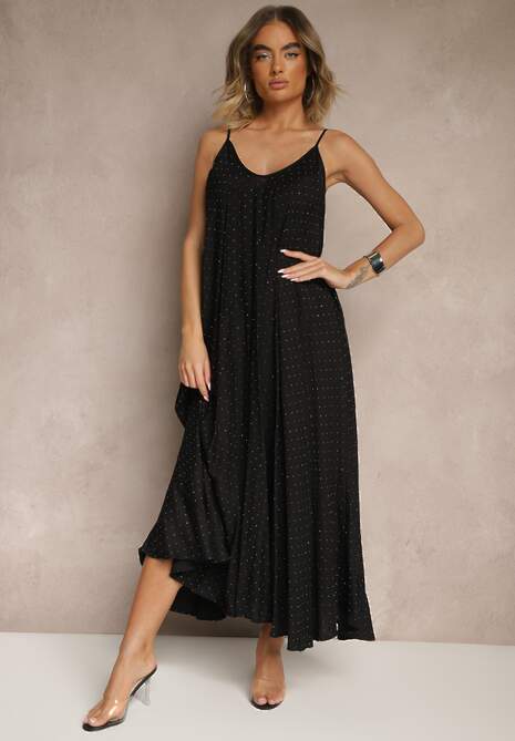 Czarna Wiskozowa Sukienka o Rozkloszowanym Kroju Ozdobiona Cyrkoniami Tosnaria