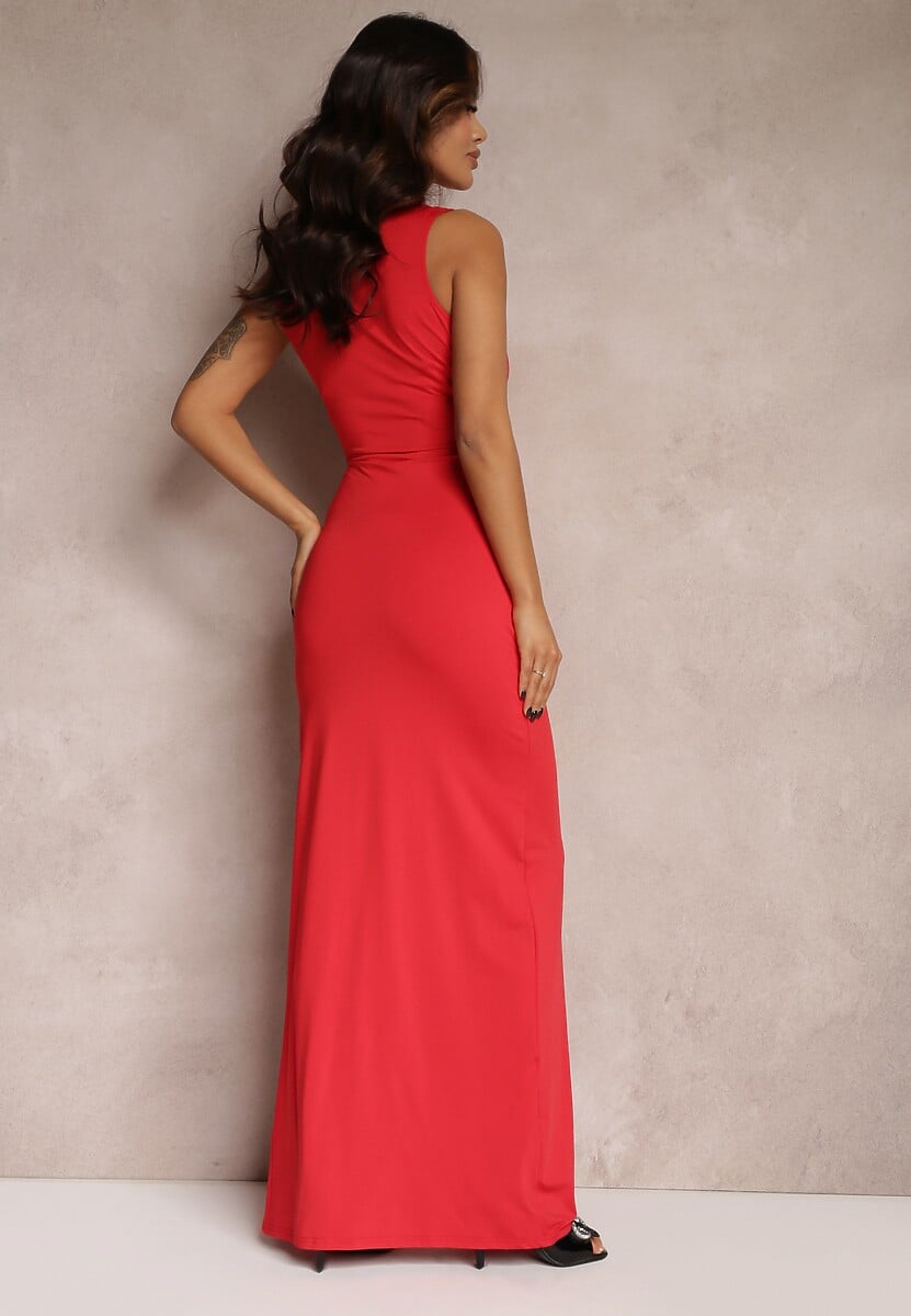 Czerwona Marszczona Sukienka z Ozdobnym Rozcięciem Alphophe