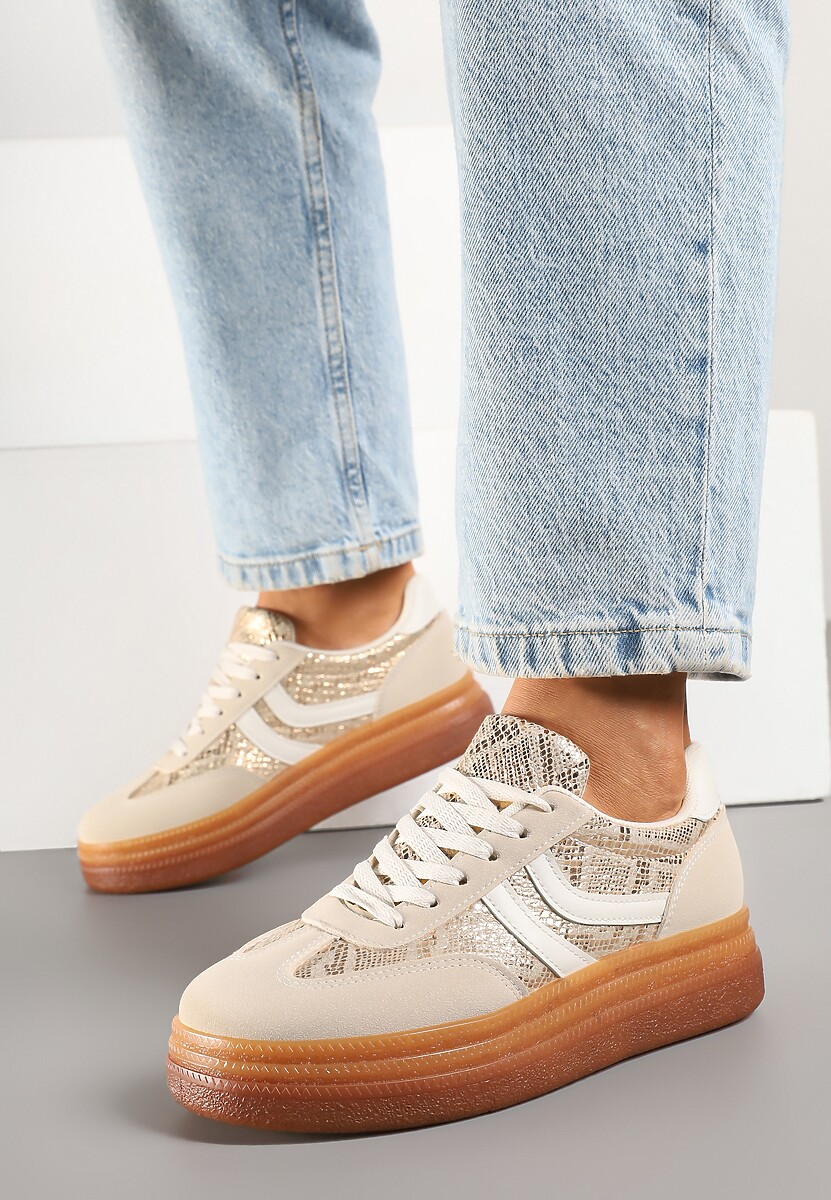 Beżowe Wężowe Sneakersy Typu Kultowe Tenisówki na Niskiej Platformie Olritia