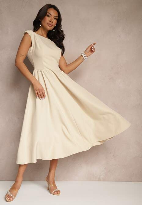 Beżowa Rozkloszowana Sukienka z Wiązaniem i Dekoltem w Kształcie Łódki Alanira