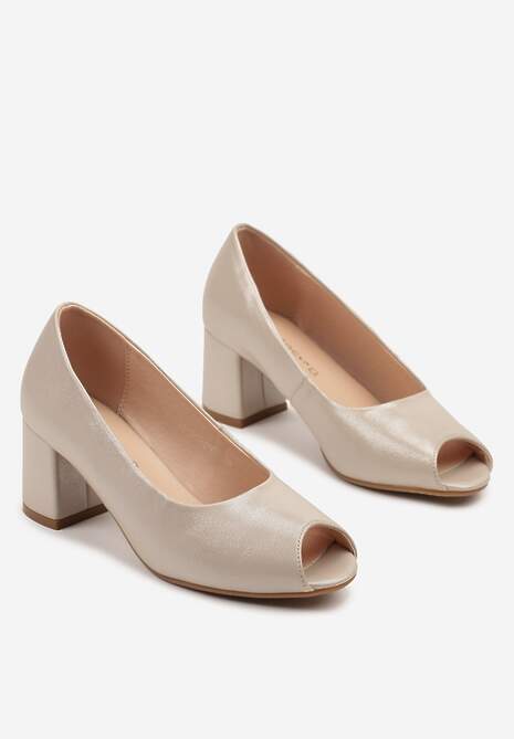 Beżowe Czółenka na Słupku Peep Toe z Wkładką ze Skóry Naturalnej Reova