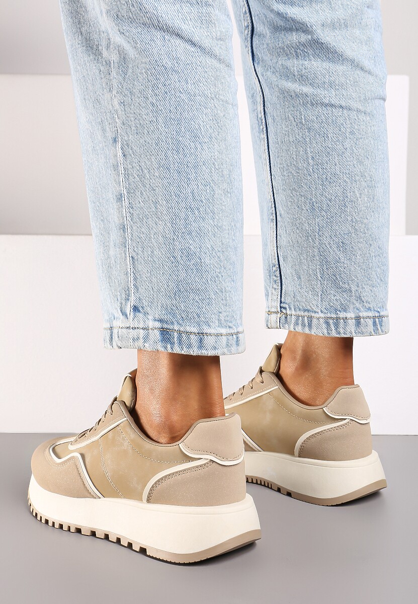 Ciemnobeżowe Sneakersy na Płaskiej Podeszwie Ozdobione Geometrycznym Wzorem Erimaraes