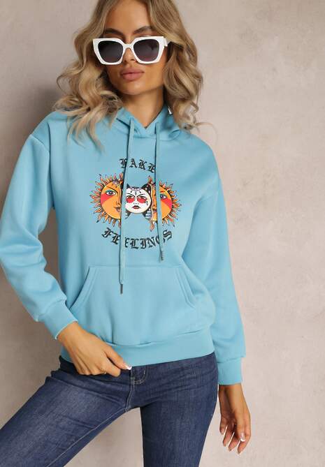 Jasnoniebieska Bluza Kangurka z Nadrukiem i Kapturem Uvella