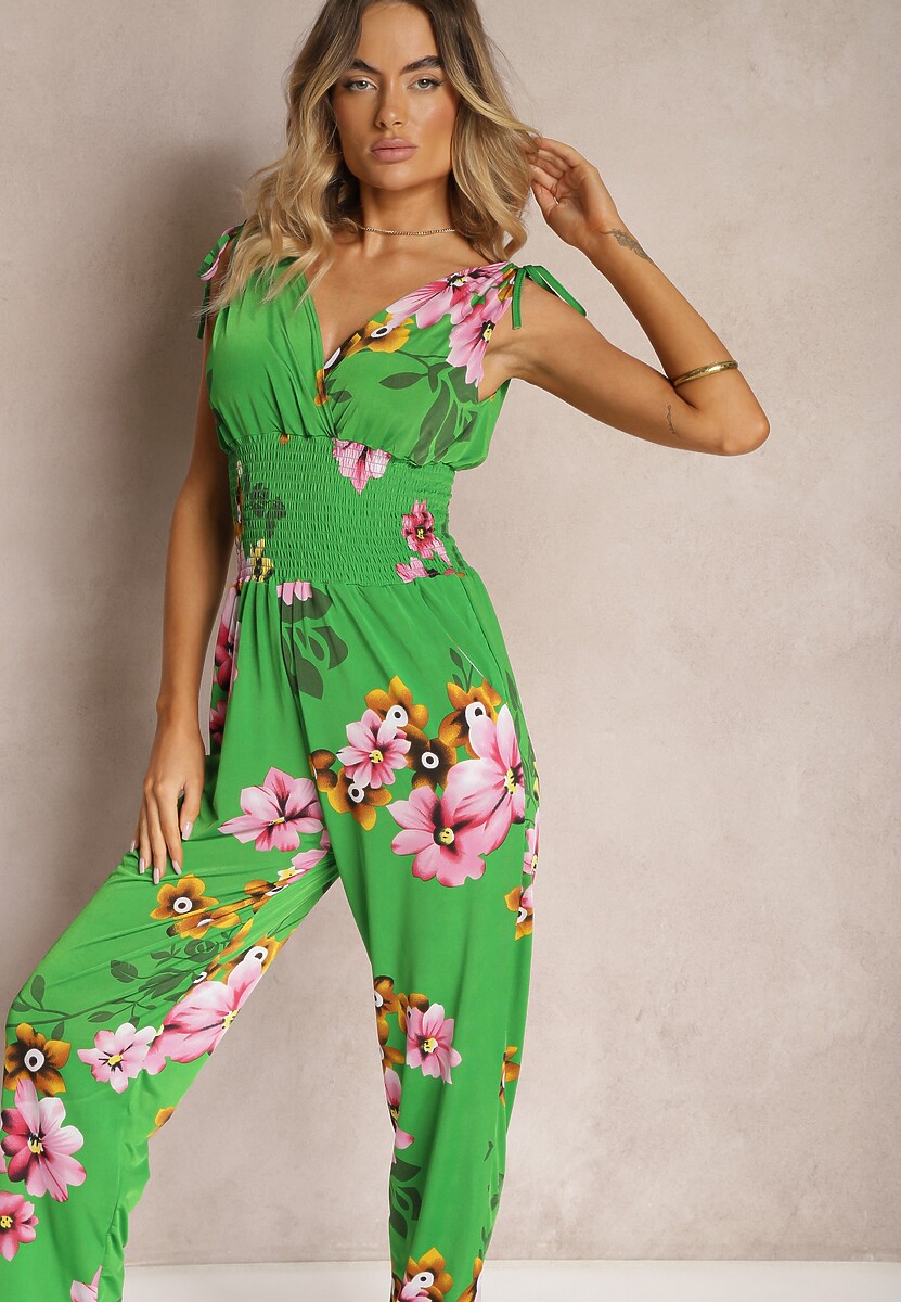Zielony Kombinezon z Ściągaczami na Ramionach w Kwiatowy Wzór Almora