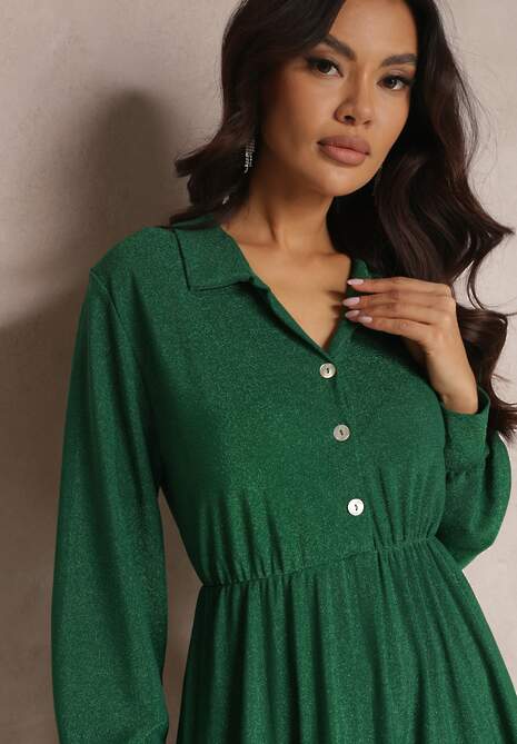Zielona Sukienka z Kołnierzykiem i Plisowanym Dołem Zade