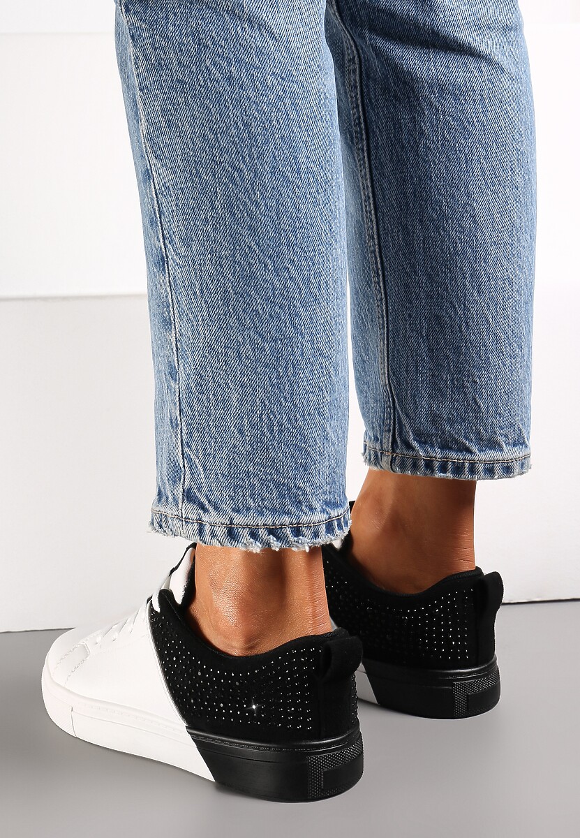 Biało-Czarne Sneakersy Sznurowane na Płaskiej Grubszej Podeszwie z Cyrkoniami Hanuel