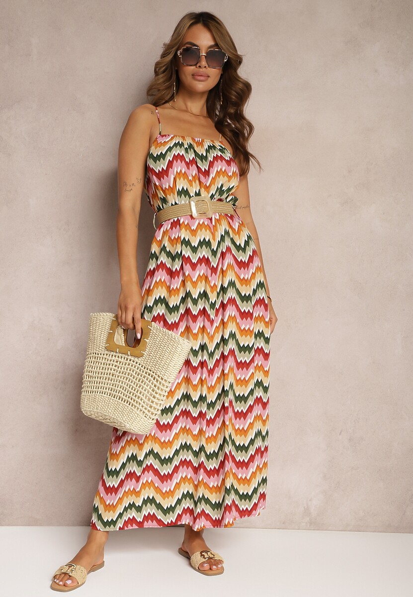 Czerwono-Zielona Wiskozowa Sukienka z Regulowanymi Ramiączkami i Paskiem w Talii Vikitha