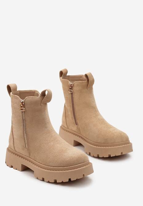 Beżowe Botki z Ozdobną Taśmą z Nadrukiem Dudre