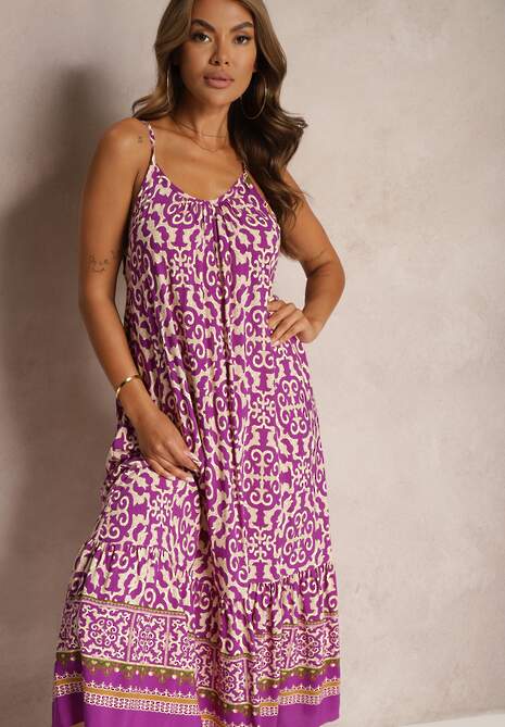 Fioletowa Rozkloszowana Sukienka z Bawełny na Cienkich Ramiączkach Nellmaira