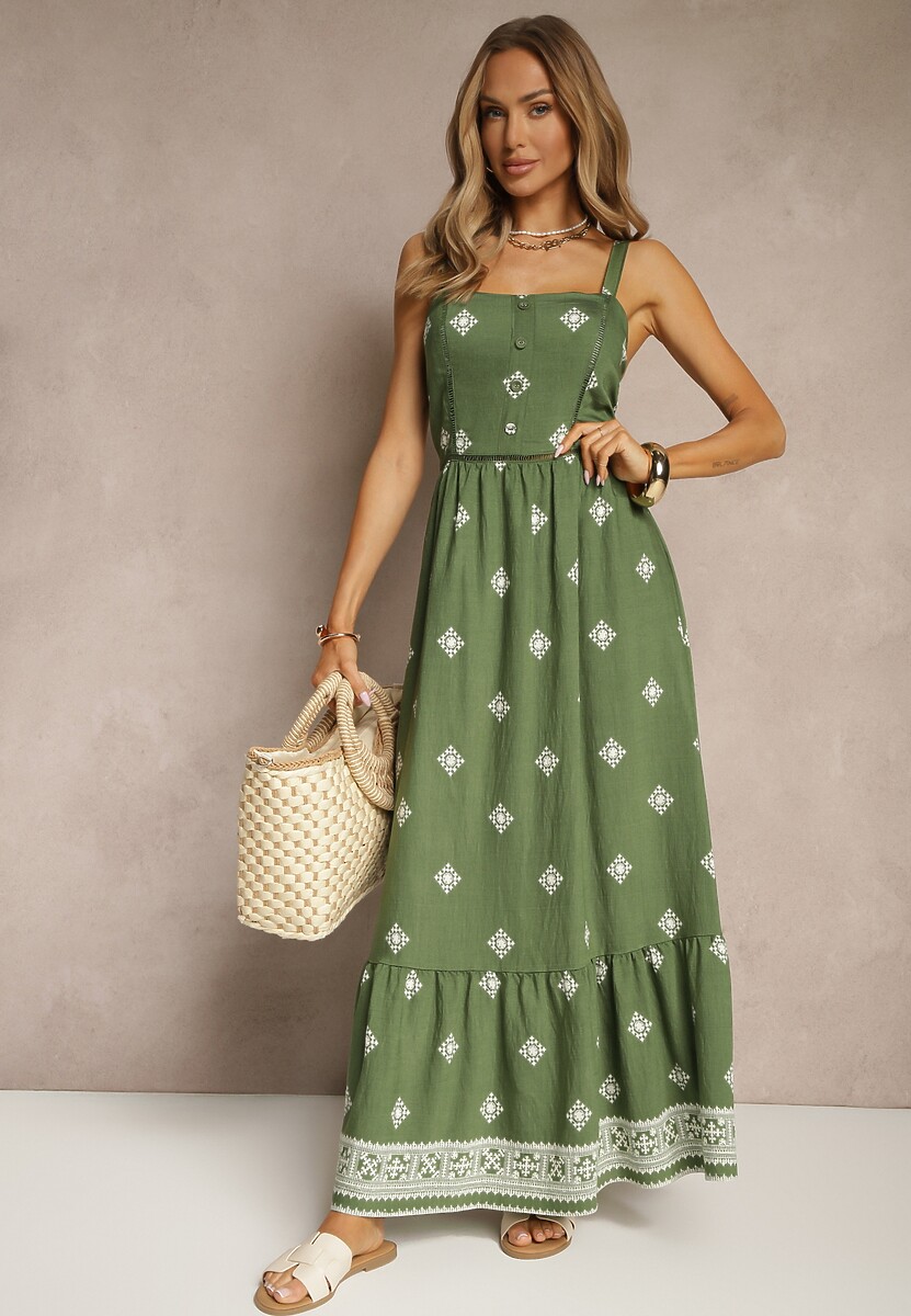 Zielona Sukienka z Wiskozą o Rozkloszowanym Kroju na Ramiączkach w Boho Print Leaella