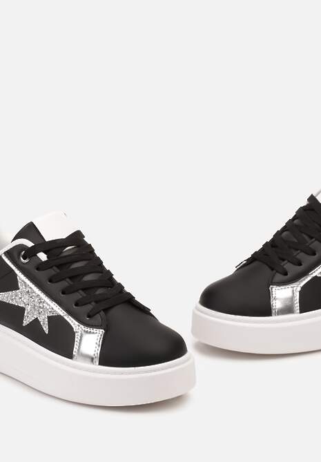 Czarne Sneakersy Ozdobione Brokatem na Niskiej Platformie Leonare
